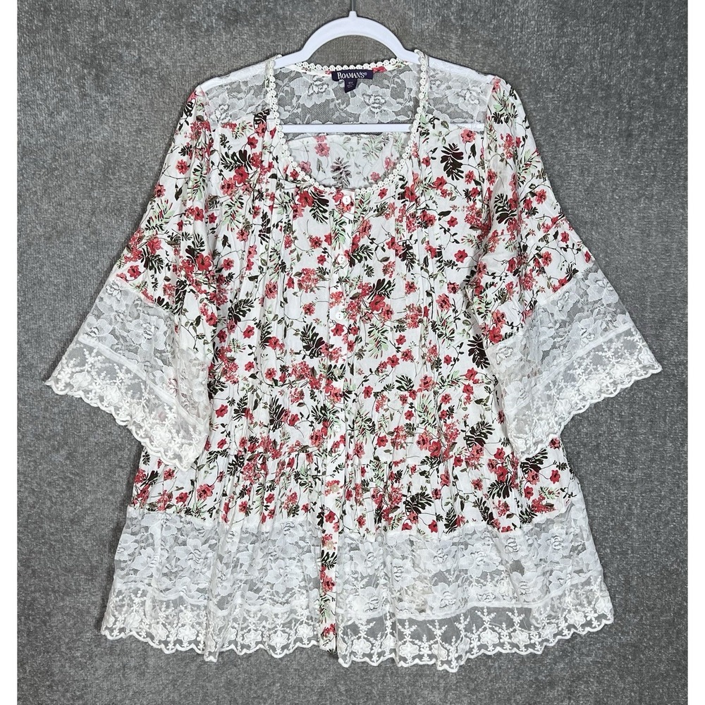 Roamans Floral Lace Tunic Top Womens Size 18W Romantic Shabby Chic Cottagecore